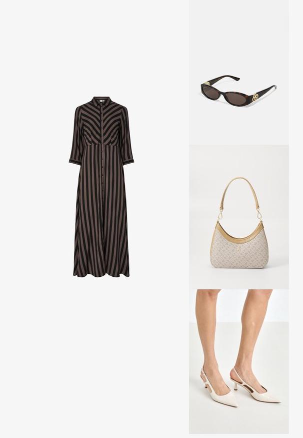 Długa, zapinana na guziki sukienka w pionowe czarno-brązowe paski, z kołnierzykiem i rękawami 3/4. Wykonana z lekkiego materiału.; Beżowe lakierowane szpilki z odkrytą piętą, zakończone spiczastym noskiem i 5 cm obcasem, z wyciętymi bokami oraz cienkim paskiem na kostce.; Słoneczne okulary w kolorze żółwi z wydłużonymi owalnymi soczewkami, brązowym odcieniem, złotymi akcentami logo na zausznikach oraz smukłymi czarnymi ramionami.; Beżowa torebka w wzory o zakrzywionym kształcie, z skórzanymi akcentami i złotym logo z przodu. Posiada krótki uchwyt, co ułatwia noszenie.; Naszyjnik z pereł i kryształów o okrągłym, koralikowym wzorze w jasnych odcieniach, z naprzemiennie umieszczonymi perłami i błyszczącymi akcentami, noszony na szyi.