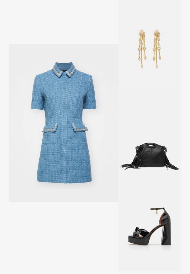 Maje RILYA - Blusenkleid - bleu; Maje High Heel Sandalette - noir; Maje MISS MINI - Umhängetasche - noir; Goldtonige Ohrringe mit mehreren kaskadierenden Ketten, verziert mit klaren ovalen Strasssteinen und dekorativen Ohrsteckern.