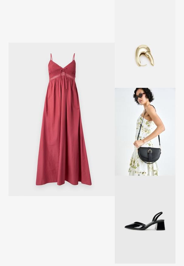 Ilga, be rankovių suknelė rūdžių raudonos spalvos, su surinkta liemenėle, plonomis petnešėlėmis ir laisvai krintančia sijonu, pagaminta iš lengvos medžiagos.; Juodos lakuotos odinės šlepetės su smailiu pirštu ir geometriniu bloko kulnu. Turi elegantišką, minimalistinį dizainą ir lygų paviršių.; Juodas odinis krepšys su išlenkta forma, nuimamu dirželiu ir auksiniais detalėmis. Krepšys turi kilpą su sagtimi.; Aukso tono metalinės auskarai su stilingu, kreiviu dizainu. Išsiskiria ryškiu smailiu pavidalu, poliruota paviršiumi ir užsegimu su vyriu.