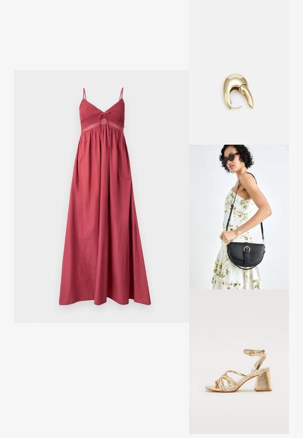 O Rochie lungă, fără mâneci, de culoare roșu ruginiu, cu un bust elastic, bretele subțiri și fustă fluidă, realizată dintr-un material ușor.; Sandale cu toc metalice aurii, având un design cu barete, toc pătrat și curea ajustabilă la gleznă cu cataramă. Textură netedă.; Geantă din piele neagră, cu o formă curbată, curea detașabilă și accesorii aurii. Geanta are un capac cu un detaliu tip cataramă.; Cercei din metal de culoare aurie cu un design elegant și curbat. Prezintă o formă distinctivă, ascuțită, o suprafață lustruită și un sistem de închidere cu balama.