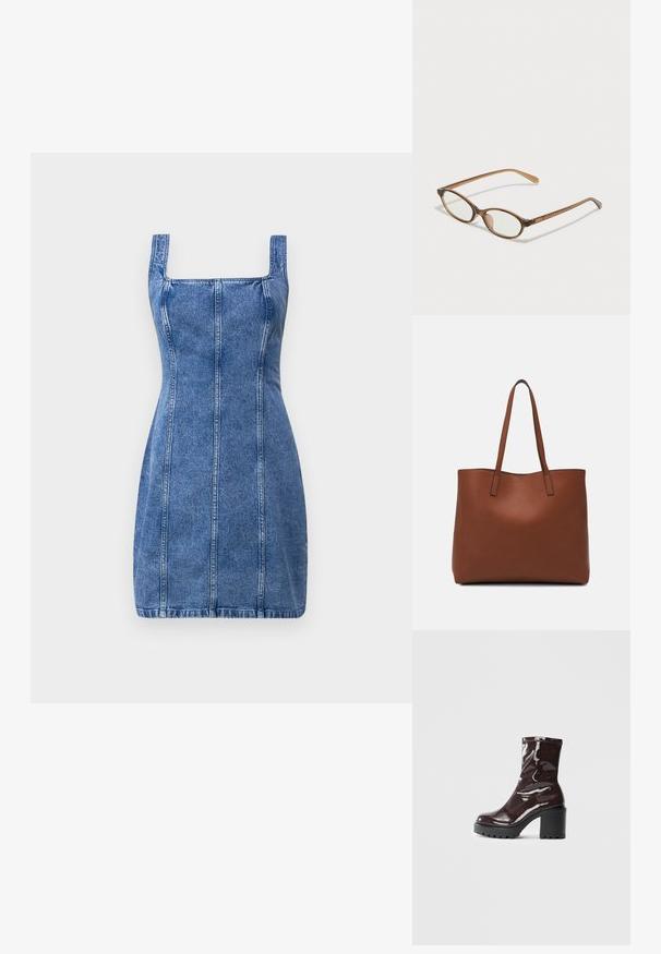 Robe en denim avec un décolleté carré, une coupe ajustée et des détails de couture verticale. Couleur bleu clair et tissu de poids moyen avec une texture lisse.; Bottines bordeaux brillantes à talon épais noir, avec une texture lisse et un design simple. Aucune fermeture visible ni motifs.; Lunettes en écaille de tortue marron avec des verres ovales, des branches fines et des accents transparents. Présente un logo subtil sur la branche. Design élégant et léger.; Sac fourre-tout en cuir marron avec une texture lisse, design à ouverture supérieure et deux poignées pour le porter à l'épaule. Présente des coutures minimales et aucun matériel visible.