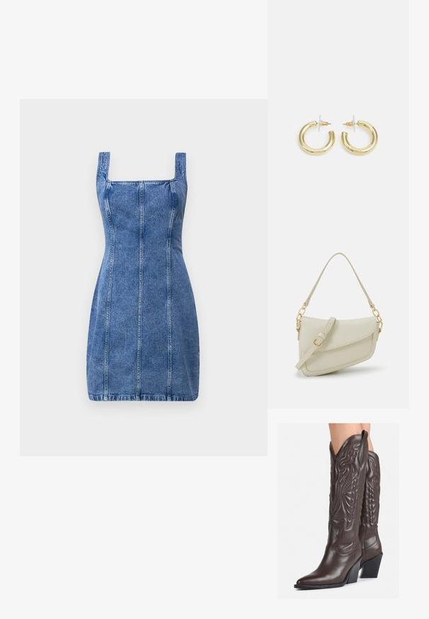 Denim kleita ar kvadrātveida dekoltē, pieguļošu formu un vertikālām šuvēm. Gaiši zilā krāsā un vidēji smagā audumā ar gludu tekstūru.; Brūni ādas kovboju zābaki ar norādītu purngalu un blokveida papēdi, ar detalizētu šūšanu un paceltiem akcentiem uz kājas daļas.; Maza krēmkrāsas rokas soma ar teksturētu apdari, garu regulējamu siksniņu, ķēdes akcentu un vāciņa aizdari. Zelta aparatūras detaļas.; Zelta auskari ar gludu, spīdīgu apdari. Apaļš dizains, kas ietver mazu tapu un caurspīdīgu pamatni drošai valkāšanai.