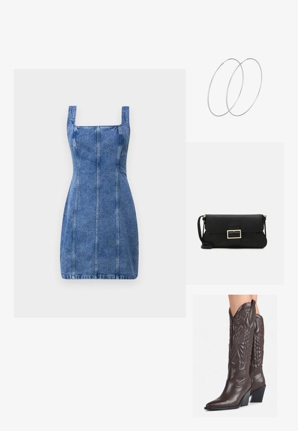 Jeanskleid mit quadratischem Ausschnitt, figurbetonter Form und vertikalen Nahtdetails. Hellblaue Farbe und mittelschwerer Stoff mit glatter Textur.; Braune Leder-Cowboy-Stiefel mit spitzem Punkt und Blockabsatz, die über detaillierte Stickereien und hervorgehobene Akzente am Schaft verfügen.; Schwarze Leder-Clutch mit Klappe und goldfarbenem Metallschnallen-Detail. Enthält einen schwarzen Riemen und ein schlankes, minimalistisches Design.; Silberne Creolen mit minimalistischem Design. Rundform, glatte Oberfläche und dünnes Profil. Leichtgewichtig mit hochglänzender Oberfläche.