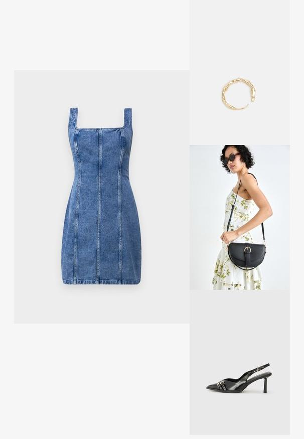 Denimová šaty so štvorcovým výstrihom, priliehavým strihom a vertikálnym švom. Svetlomodrá farba a stredne ťažká tkanina s hladkou textúrou.; Čierne lakované kožené slingback topánky s špicatou špičkou, remienkami okolo členku s striebornými prackami a hardvérom, a štíhlým podpätkom.; Čierna kožená kabelka s zaobleným tvarom, odnímateľným popruhom a zlatými doplnkami. Kabelka má klopu s detailom s prackou.; Prsteň v zlatej farbe s organickým, skrúteným dizajnom, hladkým povrchom a zužujúcimi sa koncami, vytvárajúci moderný, sochársky vzhľad.
