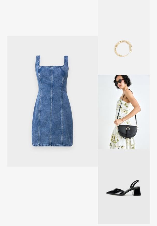 Robe en denim avec un décolleté carré, une coupe ajustée et des détails de couture verticale. Couleur bleu clair et tissu de poids moyen avec une texture lisse.; Escarpins en cuir verni noir avec bout pointu et talon bloc géométrique. Présente un design élégant et minimaliste ainsi qu'une texture lisse.; Sac à main en cuir noir avec une forme courbée, bandoulière amovible et des accessoires en or. Le sac est doté d'un rabat avec un détail de boucle.; Bague en or ornée d'un design organique et torsadé, avec une texture lisse et des extrémités effilées, créant une apparence moderne et sculpturale.