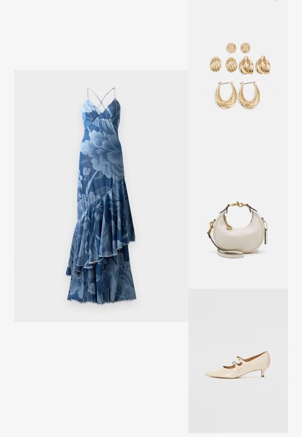 Modra cvetna obleka z večplastnim volančastim dizajnom, tanjšimi naramnicami in teksturirano površino. Ima izrazit cvetlični vzorec in razcepljen rob.; Bež lakirane Mary Jane čevlje z dvema nastavljivima zaponkama, koničastim nosom in nizko peto. Gladka tekstura z sijajno površino.; Krema usnjena torbica v obliki polm curate, z zlatimi dodatki, črnimi detajli in odstranljivim trakom. Ima verižni detajl in oznako.; Zlato obarvani uhani set, ki vključuje tri pare: teksturirane ovalne uhane, uhane valovitega dizajna in velike obroče z večplastnimi robovi.