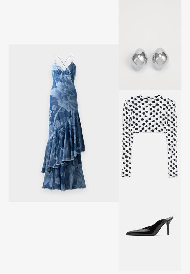Vestido floral azul com um design de babados em camadas, alças finas e um acabamento texturizado. Apresenta um padrão floral ousado e uma bainha desfiada.; Top cropped de mangas compridas em tecido elástico branco, com padrão de bolinhas pretas, textura suave e decote redondo.; Mule de salto alto em couro envernizado preto com ponta fina e uma silhueta elegante, apresentando um calcanhar aberto e um salto stiletto esbelto.; Brincos de metal prateado com uma forma suave e arredondada, apresentando um acabamento polido e uma superfície refletora. Design minimalista sem adornos.