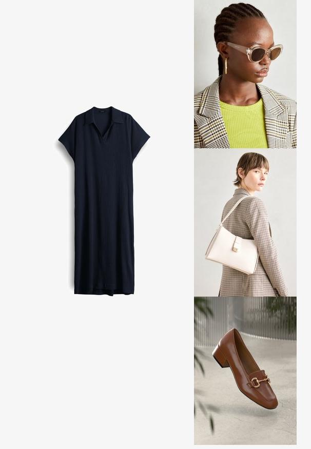 Abito blu navy a maniche corte con scollatura a colletto e vestibilità comoda. Realizzato in tessuto testurizzato, arriva a metà polpaccio.; Mocassino in pelle verniciata marrone con punta quadrata, accentato da catena metallica e tacco basso; texture liscia, design minimalista.; Occhiali da sole a forma di occhio di gatto trasparenti con lenti marroni. Modella che indossa un top a coste verde e un blazer a scacchi. Orecchini a cerchio dorati.; Borsa a mano in pelle bianca con un design strutturato, presente di un clasp magnetico e una tracolla, esposta su uno sfondo neutro.