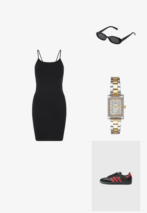 Zwart mouwloos jurk met dunne bandjes, aansluitend ontwerp, gemaakt van gladde stof, knielang met een eenvoudige, onversierde stijl.; Zwarte sneakers met rode strepen, gemaakt van suede en leer, met een ronde neus, platte veters, een gestructureerde rubberen zool en gouden accentdetails.; Zwarte oversized zonnebril met ovale lenzen, een glad plastic montuur en gouden accenten op de pootjes. Donkere lenzen bieden bescherming tegen de zon.; Casio quartz horloge met een rechthoekige zilveren wijzerplaat, gouden accenten en een twee-kleurige metalen armband in zilver en goud. Waterdicht.