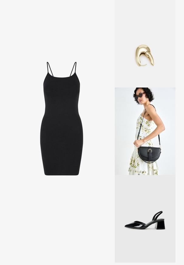 Musthave must käised kleit õhukeste rihmadega, keha külge hargnev disain, valmistatud siledast kangast, põlvepikune ja lihtne, ilma kaunistusteta.; Mustad musta lakknahk kingad, millel on terav varvas ja geomeetriline plokkkonts. Omab elegantselt minimalistlikku disaini ja sujuvat tekstuuri.; Mustmust mustraha kõverate joontega, eemaldatava rihmaga ja kuldsete detailidega. Kotil on klapp, millel on pandladetail.; Kuldtooni metallist kõrvarõngas, millel on elegantne ja kaarjas disain. Omab silmapaistvat teravat kuju, poleeritud pinda ja hingesulgemist.