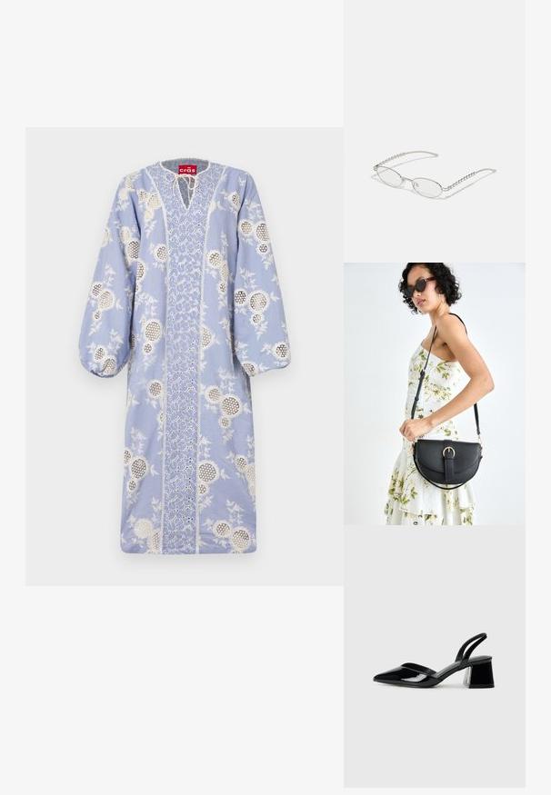 Blå kjole med hvit blomsterbroderi, med puffede ermer og nøkkelhullsnekke. Laget av lett, teksturert stoff.; Svarte patentlær slingback hæler med spiss tå og geometrisk blokk hæl. Har et stilrent, minimalistisk design og jevn tekstur.; Ovale briller med en metallic sølvramme, klare linser og teksturerte perleakkenter på bøyler. Lett design med buede armer.; Svart lærveske med en buet form, avtagbar stropp og gullbeslag. Vesken har et klaff med spenne-detall.