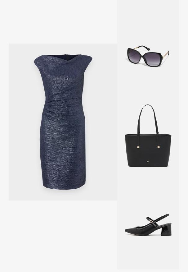 Tmavě modré šaty po kolena s texturovaným povrchem, s drapovaným výstřihem a řasením v pase pro přiléhavý siluetu.; Černé lakované lodičky s otevřenou patou, špičatou špičkou, zaobleným střihem a blokovým podpatkem. Zdobené akcentem v zlatém tónu.; Černé oversized sluneční brýle se gradientními skly, silnými rámy a zlatými řetízkovými detaily na nožičkách.; Černá taška přes rameno vyrobená z umělého materiálu, s jednoduchým obdélníkovým designem, zlatými čtvercovými akcenty a dvojitými uchy.