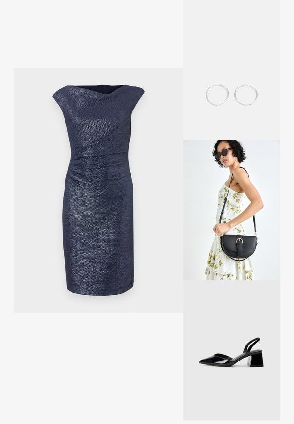 Haljina do koljena u tamnoplavoj boji s teksturiranim završetkom, s drapiranim dekolteom i nabranim dijelom u struku za prilagođeni siluetu.; Crne lakirane kožne sandale s otvorenom petom i špicastim vrhom, s geometrijskom blok petom. Imaju elegantan, minimalistički dizajn i glatku teksturu.; Crna kožna torba s lukovitim oblikom, odvojivim remenom i zlatnim detaljima. Torba ima preklop s kopčom.; Srebrne okrugle naušnice jednostavnog dizajna, s glatkom površinom i bez vidljivih ukrasa. Promjer nije specificiran.