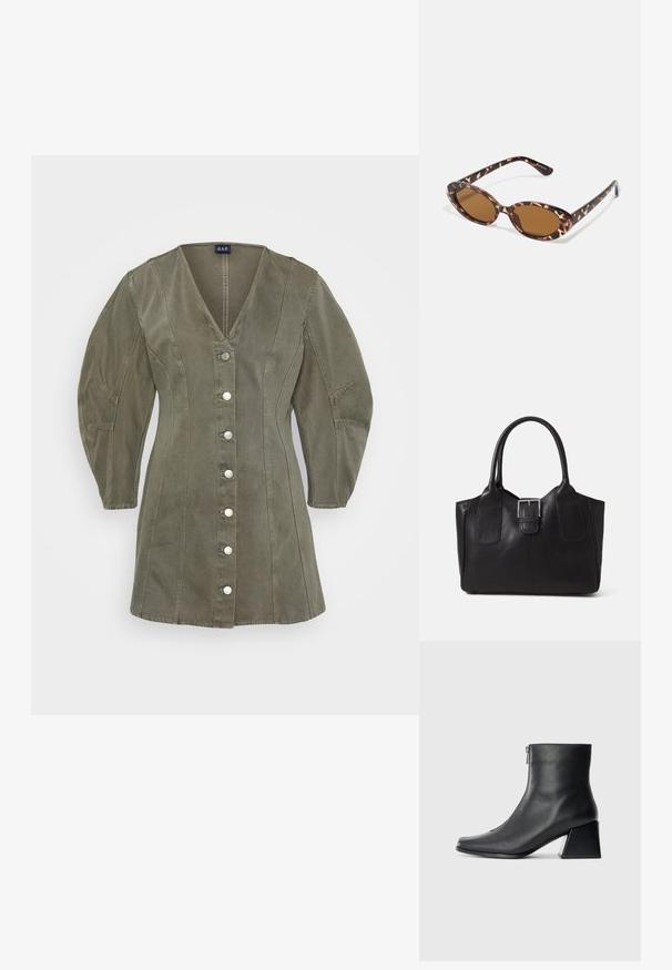 Oliven farget kjole med V-hals, pufferm og knappelukking, med vertikale sømmer og metallknapper.; Sorte skinnankelsko med firkantet tå, glidelås på siden og blokkhæl mot en vanlig lys bakgrunn.; Skilpaddeskall solbriller med ovale linser, brunfargede, tynne stenger med teksturert mønster, lett plastisk ramme.; Svart skinn toteveske med jevn tekstur, strukturert form, to håndtak og en fremtredende sølvspenne foran.