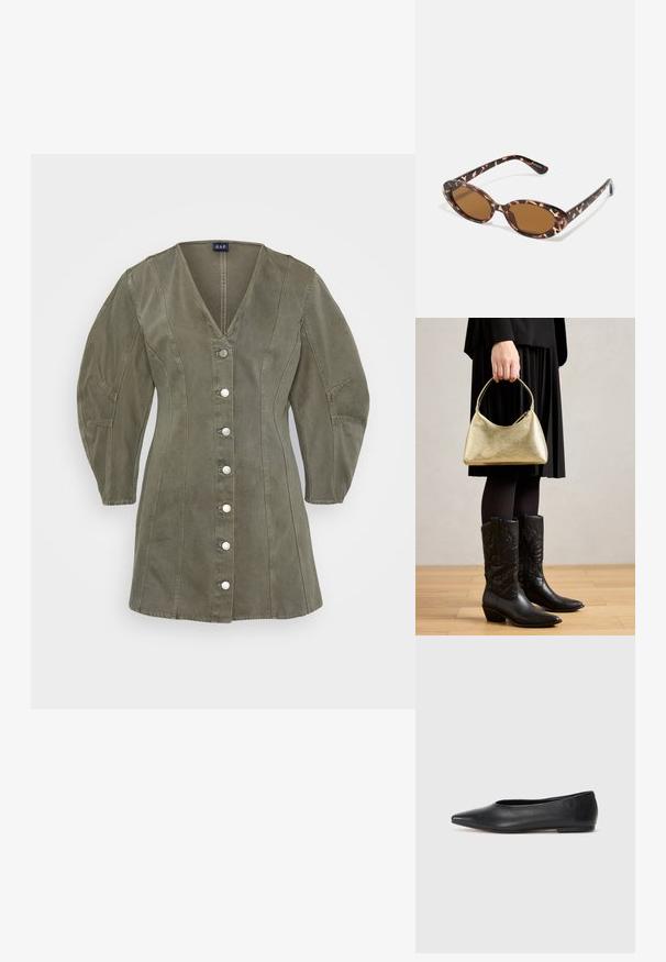 Oliven farget kjole med V-hals, pufferm og knappelukking, med vertikale sømmer og metallknapper.; Sorte lærballerina med spiss tå, minimalistisk design, glatt tekstur, lav hæl uten synlig metall eller dekorasjoner.; Skilpaddeskall solbriller med ovale linser, brunfargede, tynne stenger med teksturert mønster, lett plastisk ramme.; Gullfarget håndveske med buet form og kort håndtak, holdt av en person iført et svart plisserte skjørt og svarte lær cowboystøvler.