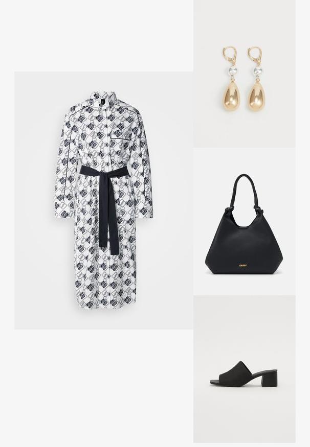 A fehér ingruha geometrikus fekete mintával, hosszú ujjal, gombos elülső részel és egy az övvel megegyező sötét övvel rendelkezik a deréknál.; Fekete sarkú mules, textúrált anyagból készült felsőrészzel, nyitott orral és négyzetes blokk sarkú dizájnnal. Elegáns és minimalistás sziluett.; Fekete bőr tote táska texturált felülettel, kötött fogantyúkkal és arany logó részlettel az alján. Tágas sziluettel rendelkezik.; Aranyszínű lógós fülbevalók csepp alakban, fényes fémtömörítéssel és ezüstszínű gyöngy díszítéssel.