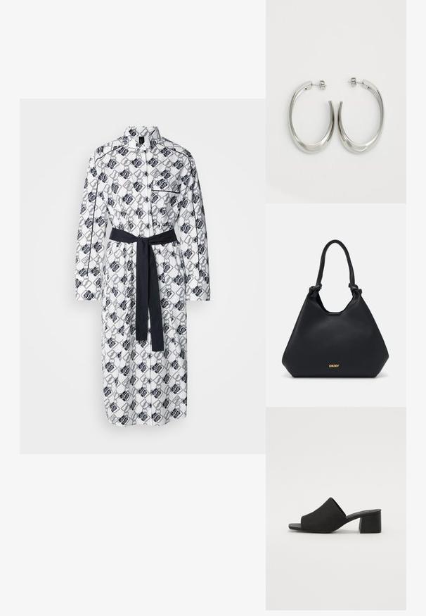 Biała sukienka koszulowa z geometrycznym czarnym wzorem, długimi rękawami, zapięciem na guziki i dopasowanym ciemnym paskiem w talii.; Czarne klapki na obcasie z teksturowanej tkaniny, z otwartym noskiem i kwadratowym słupkiem. Smukły i minimalistyczny kształt.; Czarna skórzana torba tote o teksturowanym wykończeniu, z węzłowymi akcentami na uchwytach i złotym logo na podstawie. Charakteryzuje się luźną sylwetką.; Srebrne kolczyki-hoop o gładkim, zakrzywionym designie. Posiadają błyszczące metaliczne wykończenie i zapięcie na sztyft. Brak widocznych wzorów lub akcentów.