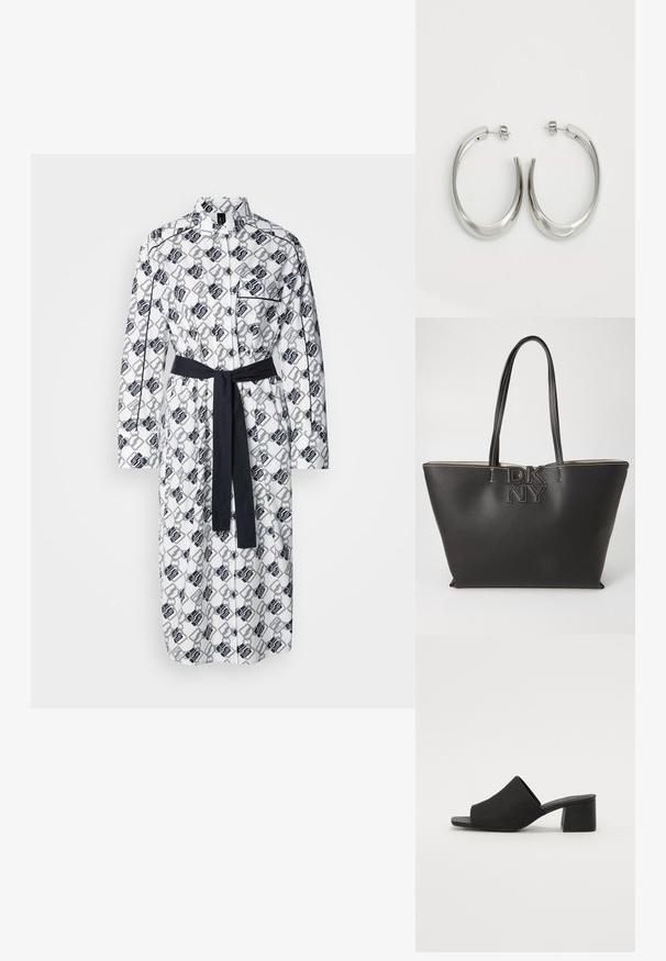 Das weiße Hemdkleid hat ein geometrisches schwarzes Muster, lange Ärmel, eine Knopfleiste und einen passenden dunklen Gürtel in der Taille.; Schwarze Absatzmules mit einem strukturierten Obermaterial, offenen Zehen und einem quadratischen Blockabsatz. Schlanke und minimalistische Silhouette.; Schwarze Leder-Tote mit strukturiertem Finish, mit einem Logo-Emblem in der Mitte und kontrastierenden Nähten. Zwei lange Tragegriffe.; Silberne Creolen mit einem glatten, geschwungenen Design. Mit einem glänzenden metallischen Finish und Steckverschluss. Keine sichtbaren Muster oder Akzente.