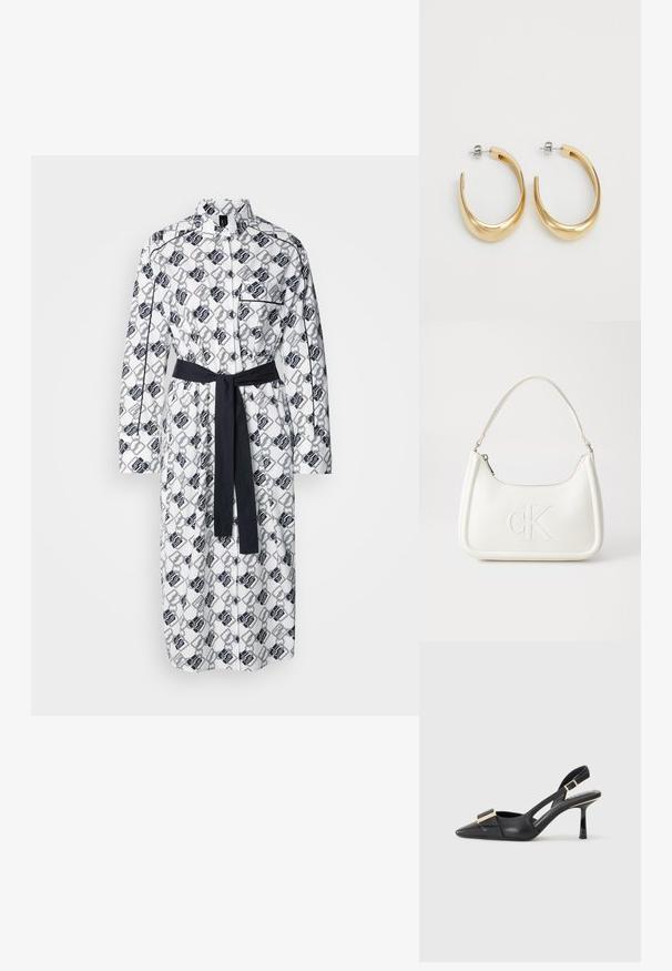 Abito camicia bianco con un motivo geometrico nero, maniche lunghe, patta dei bottoni e una cintura scura coordinata in vita.; Scarpa slingback nera in pelle con punta affusolata, tacco sottile e dettagli in metallo dorato sulla tomaia. Texture liscia e design strutturato.; Borsa a tracolla in pelle bianca con forma curva, dotata di un logo "CK" impresso sul davanti e una singola tracolla. Chiusura a zip nella parte superiore.; Orecchini a cerchio color oro con un design liscio e curvo. Realizzati in metallo, presentano una finitura elegante e una chiusura a perno.