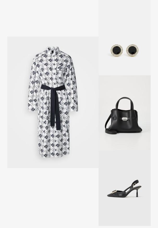 Bela obleka s kratkimi rokavi ima geometrijski črn vzorec, dolge rokave, gumbasto zapiranje ter usklajen temen pas v pasu.; Črne usnjene slingback čevlje s koničastim nosom, vitkim peto in zlatimi dodatki na vampu. Gladka tekstura in strukturirana oblika.; Črna usnjena torbica z teksturirano površino, ki ima dva zgornja ročaja, odstranljiv ramenski trak in podrobnosti z srebrnim zapiranjem.; DKNY INLAY STUD - Uhani - black/gold-coloured
