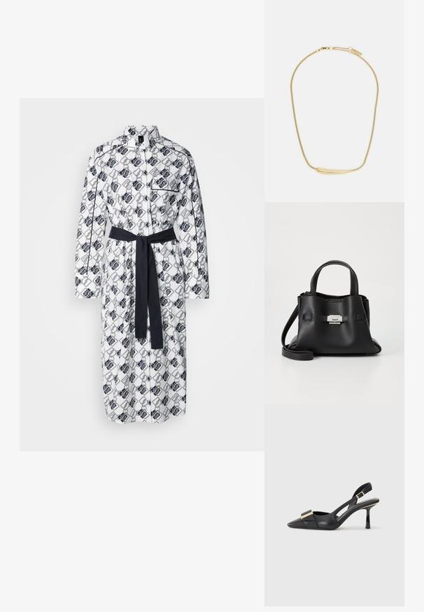 Hvid skjortekjole med et geometrisk sort mønster, lange ærmer, knaplukning og et matchende mørkt bælte i taljen.; Sort læder slingback sko med spids tå, slank hæl og guldfarvet hardware detalje på forfoden. Glat tekstur og struktureret design.; Sort læderhåndtaske med en tekstureret overflade, der har to bærehåndtag, en aftagelig skulderrem og en detalje med sølvspænde.; Guldplateret halskæde med en glat, buet central aksent. Har en fleksibel kæde med en hummerlås og ekstra justerbare kædelinks.