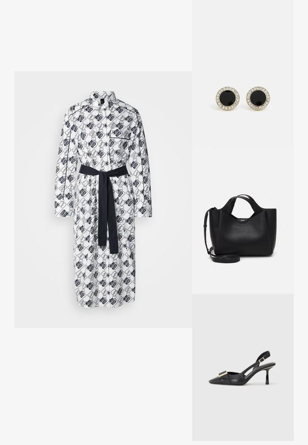 Robe blanche avec un motif géométrique noir, manches longues, patte de boutonnage et une ceinture sombre assortie à la taille.; Chaussure slingback en cuir noir avec un bout pointu, un talon fin et un accent en métal doré sur le devant. Texture lisse et design structuré.; Sac à main en cuir noir avec finition texturée, forme angulaire, doubles poignées et une bandoulière réglable. Présente un accent avec le logo DKNY.; DKNY INLAY STUD - Boucles d'oreilles - black/gold-coloured