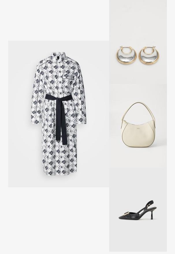 Witte jurk met een geometrisch zwart patroon, lange mouwen, knoopsluiting en een bijpassende donkere riem in de taille.; Zwarte leren slingback schoen met een spitse neus, slanke hak en een gouden hardwareaccent op de wreef. Glad textuur en gestructureerd ontwerp.; Crème-kleurige handtas met een gestructureerde afwerking, gebogen vorm, korte handgreep en een goudkleurige logo-applicatie. Ritsafsluiting aan de bovenkant.; Kleine hoepel oorbellen met een gouden buitenrand en een glanzend, reflecterend zilveren binnenoppervlak, naast elkaar weergegeven op een witte achtergrond.