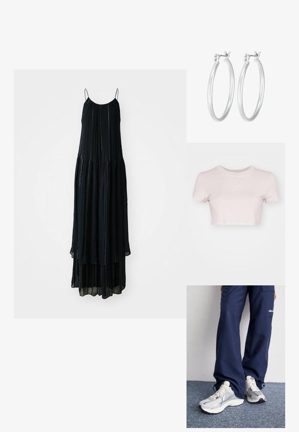 Juoda maksi suknelė su plonomis petnešėlėmis, klostuota konstrukcija ir sluoksniuotais lygiais. Pagaminta iš lengvo audinio su subtiliais vertikaliais siuvinėjimo akcentais.; Šviesiai rožinė trumpa marškinė, pagaminta iš minkštos medžiagos. Turi apvalų kaklą ir trumpas rankoves, su mažu baltu Nike logotipu ant krūtinės.; Nike sportiniai batai su sidabro spalvos tinklu, baltais akcentais ir tekstūruotais pado, derinami su laisvais tamsiai mėlynais kelnais.; Sidabriniai auskarai su sklandžiu, poliruotu paviršiumi. Apvalios formos ir saugus uždarymo mechanizmas. Lengvas dizainas, tinkantis kasdieniam dėvėjimui.