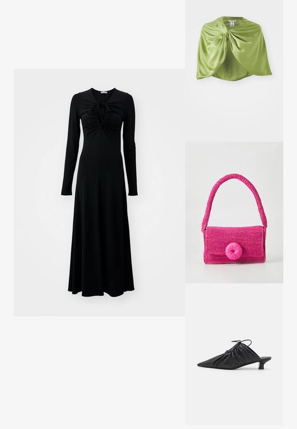 Musta pitkähihaisen mekko, joka on valmistettu sileästä kankaasta, ja siinä on rypytetty etuosa, jossa on solmittava yksityiskohta kaula-aukon ympärillä, sekä virtaava A-linjainen siluetti.; Mustat nahkaiset liukukengät teräväkärkisillä, kerätyillä yksityiskohdilla ja pienellä kissan korolla. Avauksessa on narukiinnitys.; Vihreä satiinimaalari, jossa on drapeerattu etuosa, keskellä koottu, sileä tekstuuri, lyhyt pituus ja pyöreä kaula-aukko.; By Malene Birger MIRAS - Käsilaukku - raspberry