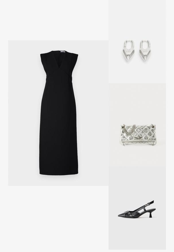 Rochie neagră, fără mâneci, cu decolteu adânc în V, umeri structurați și croială ajustată. Textură netedă, cu tăietură lungă și dreaptă și fermoar ascuns.; Pantofii slingback din piele neagră, cu vârful ascuțit, curele decorative cu ochiuri din metal și toc bloc mic. Suprafață texturată.; Geantă de umăr argintie din metal, cu mânere din lanț, textură matlasată, cusături decorative și închidere cu fermoar. Are accente embossate pe față.; Lacate în formă de inimă, argintii, cu inscripții gravate "DA" și "NU", finisaj lustruit, design simetric și un închizător robust din metal.