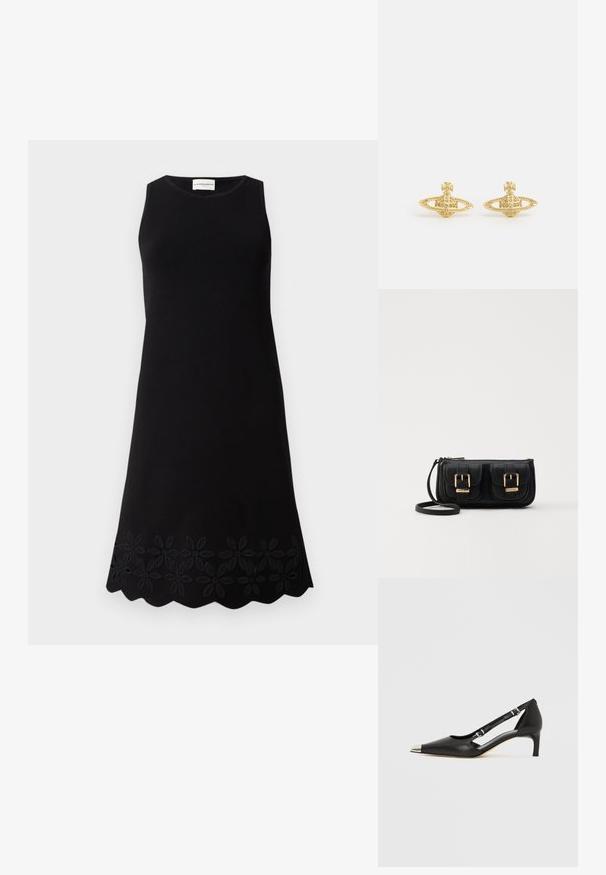 Crna haljina bez rukava s okruglim izrezom, s teksturiranim cvjetnim uzorkom duž rubova i lepršavim A-siluetom.; Crni kožni kitten heel s nazubljenim srebrnim vrhom i dvostrukim remenčićima na bijeloj pozadini.; Crna kožna torba preko ramena s dva prednja džepa, zlatnim kopčama, zatvaranjem na zip i uskim remenom. Teksturirana površina i kompaktan pravokutan oblik.; Vivienne Westwood MINI BAS RELIEF EARRINGS - Naušnice - gold-coloured