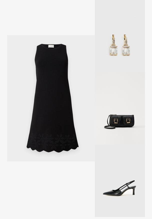 Abito nero senza maniche con scollatura rotonda, caratterizzato da un motivo floreale testurizzato lungo l'orlo e una silhouette svasata a linea A.; Slingback con tacco in vernice nera con punta affusolata, caratterizzato da una stampa a serpente testurizzata, cinturino regolabile e un tacco corto e testurizzato.; Borsa a tracolla nera in pelle con due tasche frontali, fibbie dorate, chiusura con zip e una tracolla sottile. Superficie texturizzata e forma rettangolare compatta.; Orecchini in tonalità dorata con un cristallo trasparente rettangolare sospeso sotto una fila di piccoli accenti trasparenti rotondi. Design elegante e moderno.