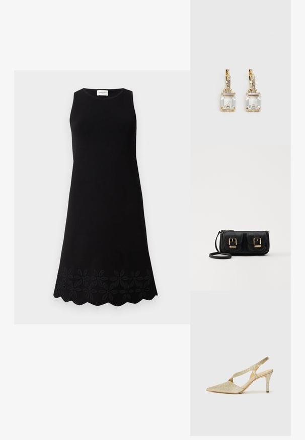 Crna haljina bez rukava s okruglim izrezom, s teksturiranim cvjetnim uzorkom duž rubova i lepršavim A-siluetom.; Sjajni zlatni sandal s visokom petom i šiljastim vrhom, tankim remenom oko gležnja i vitkom petom. Površina ima teksturirani metalik završetak.; Crna kožna torba preko ramena s dva prednja džepa, zlatnim kopčama, zatvaranjem na zip i uskim remenom. Teksturirana površina i kompaktan pravokutan oblik.; Zlatne naušnice s pravokutnim, prozirnim kristalom koji visi ispod niza malih, okruglih prozirnih akcenata. Elegantni, moderni dizajn.