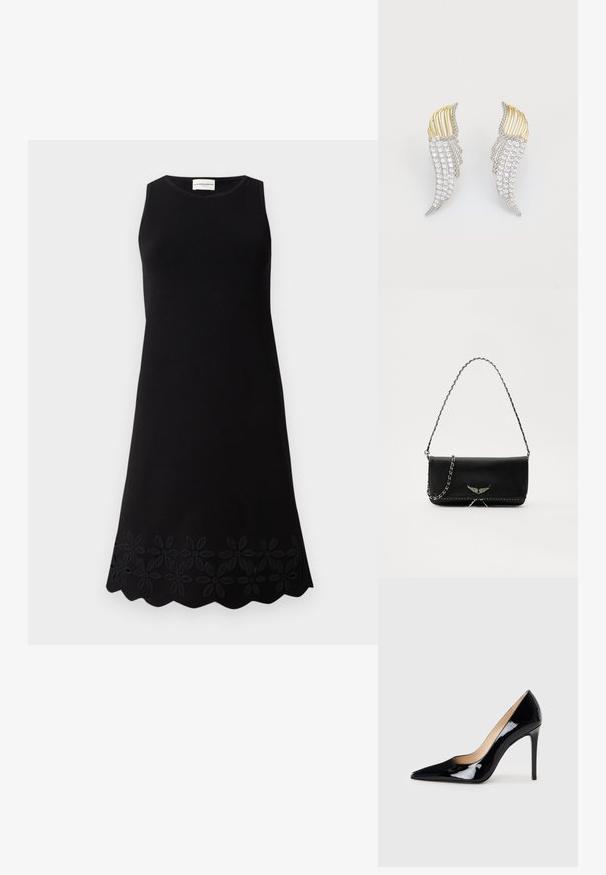 Must mustriga kleit ümmarguse kaelusega, mille allääres on tekstuuriga lillemuster ja laienev A-line siluett.; Must matte musta kõrge kontsaga king, millel on terav varvas ja sujuv siluett. Omab sileda, läikivat viimistlust ja sale stiletto konts.; Mustvalge nahk käekott hõbedase ahelsanga ja dekoratiivsete tiivaaktsentidega, samuti valgete õmblustega alumises ühenduses.; Kaks tiivakujulist kõrvaehte, mis on valmistatud hõbedatooni metallist, millel on selged ümarad kristallid ja kuldtooni metallikattega kihiline disain.