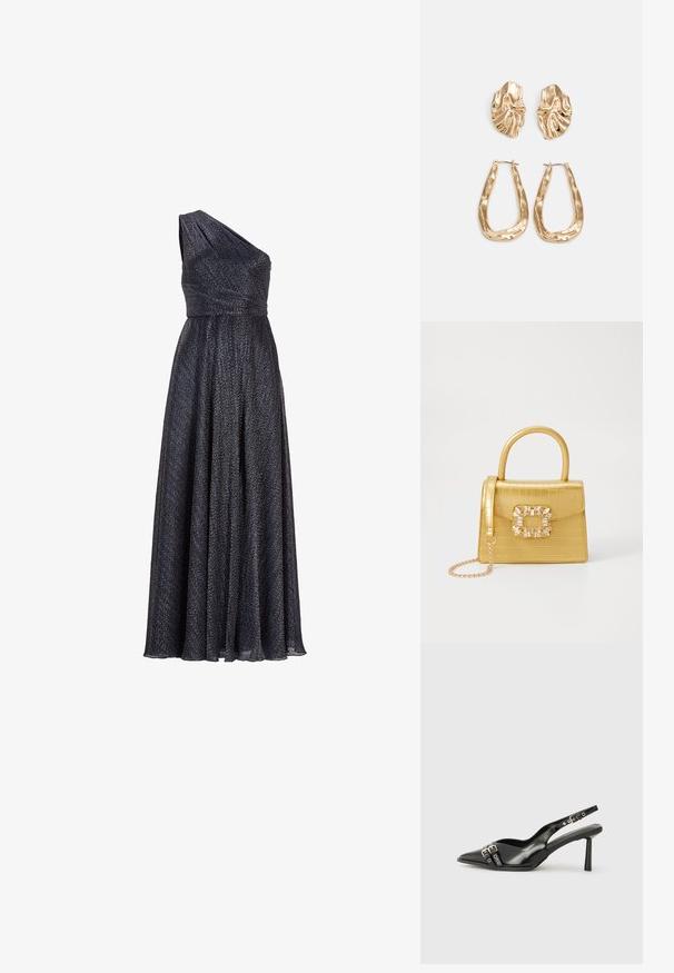 Egy vállra eső, hosszú estélyi ruha, mely texturált, sötét anyagból készült, finom fénycsillanással. A testhezálló felsőrész egy lágyan lengő, redőzött szoknyába fut.; Fekete lakk bőr, hegyes orrú slingback cipő, boka pántokkal, ezüst csatokkal és hardverelemekkel, valamint karcsú sarkú.; Sárga műbőr krokodil mintás kézitáska strukturált kialakítással, felső fogantyúval, leválasztható lánccal és díszes kristály díszítéssel a záron.; Aranyszínű fülbevalók, texturált, hullámos formákkal. Tartalmazza a szobrászati klipszes studokat és az open hoop kialakítást, kalapácsos felülettel.