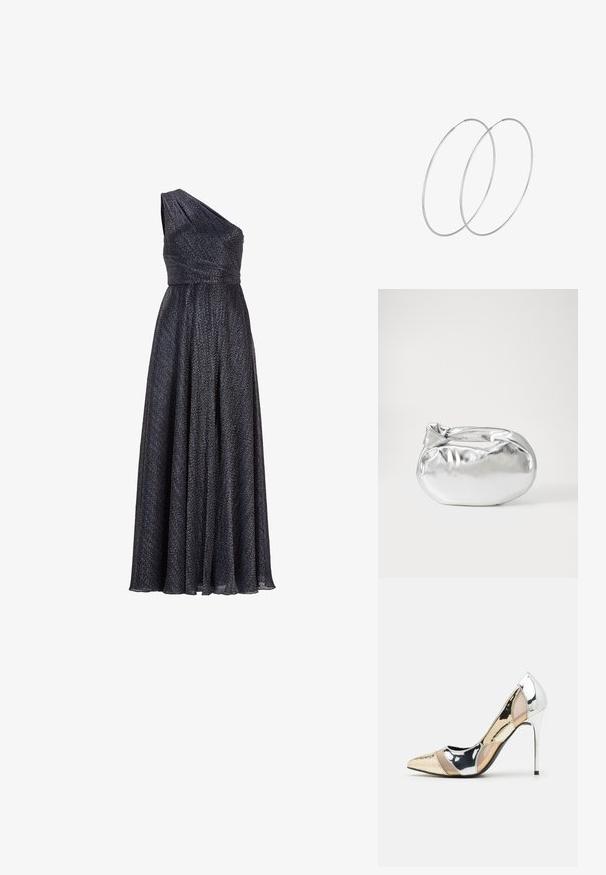 Ühe õlaga pikk kleit, mis on valmistatud tekstuuritud tumedast kangast, millel on õrn sära. Õhukeselt istuv bodice suundub voolava, kortsunud seeliku poole.; Kitsas toe kõrge kontsaga kingad, millel on hõbedane, kuldne ja nude värvilahendus. Läikiv viimistlus lõikekujundusega, stiletto konts.; Hõbedane metallikoti kott pehme, ümar kuju ja sõlme ülemise sulgemisega. Valmistatud siledast kunstnahast materjalist.; Hõbedased rõngastikkaehingad minimalistlikus disainis. Ümar kuju, sile tekstuur ja õhuke profiil. Kerged ning poleeritud viimistlusega.