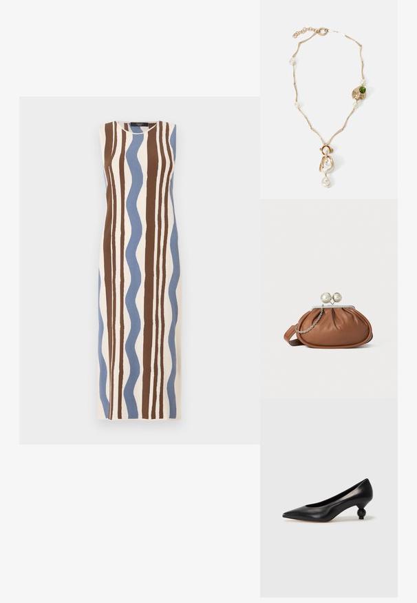 Kätseta kleit, millel on kreemjas taust ja pruuni ning sinise lainelised triibud. Tugeb tekstuur, sirge lõikega disain.; Must musta kõrge kontsaga king, millel on terav nina ja ümar, pallikujuline konts. Sile pind ja elegantne, minimalistlik disain.; Pruun nahast klambriga rahakott, millel on hõbedane palli klamber ja väike hõbedane kett detail, valgel taustal.; Kuldne kaelakee keerutatud linkidega, valgete pärlitega ja rohelise kivi aktsendiga. Omab keerukaid detaile ja klambrit kinnitamiseks.