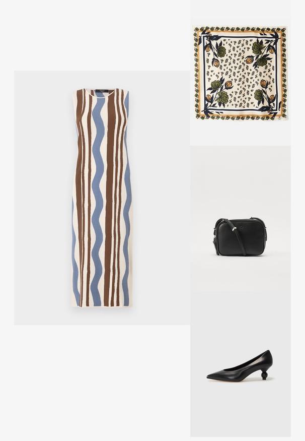 Bezramenné šaty s krémovým podkladem a hnědými a modrými vlnitými pruhy. Vyrobené z texturované tkaniny, mají rovný střih.; Černá kožená vysoká bota na podpatku s špičatou špičkou a kulatým, zaobleným podpatkem. Hladká textura s elegantním, minimalistickým designem.; Hedvábný šátek s krémovým pozadím a květinovými vzory v zelené a oranžové barvě. Rámovaný vzorovaným okrajem se zelenými akcenty.; Černá kožená taška přes rameno s obdélníkovým designem, stříbrnými detaily, nastavitelným popruhem a decentním vystouplým logem.