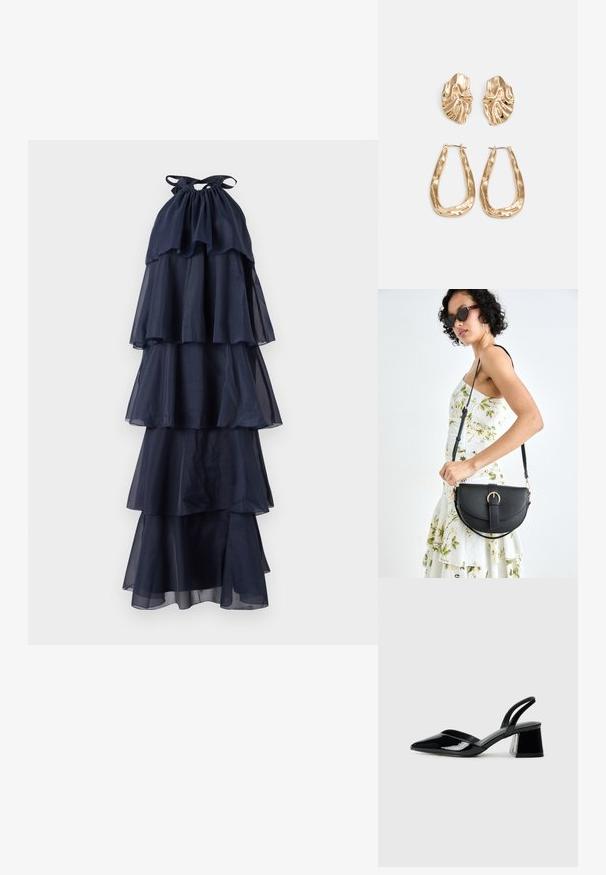 Navy blue layered dress with a halter neckline. Made of sheer fabric, featuring flowing tiers and a gathered bodice. Textured and lightweight.; Black patent leather slingback heels with a pointed toe and a geometric block heel. Features a sleek, minimal design and smooth texture.; Black leather handbag with a curved shape, detachable strap, and gold hardware. The bag features a flap with a buckle detail.; Gold-tone earrings featuring textured, wavy shapes. Includes sculptural clip-on studs and open hoop design with a hammered finish.