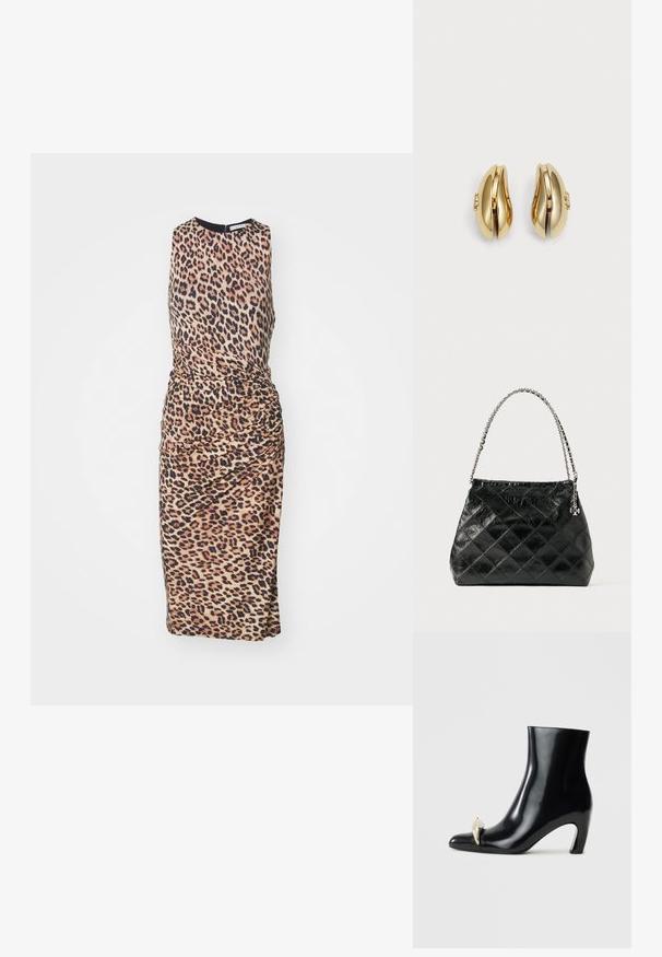 Leoparda raksta kleita ar apaļu kakla izgriezumu, bez piedurknēm, ar savilktām sānu detaļām un pieguļošu midi garumu. Izgatavota no gludas auduma.; Melnas potītes zābaki, izgatavoti no spīdīgas ādas, ar smailu purngalu un dekoratīvu zelta un sudraba akcentu priekšpusē. Bloka papēža dizains.; Melnas šūtas ādas rokassomas ar sudraba krāsas ķēdes rokturi, tai ir strukturēts dizains un gluda tekstūra.; Zelta tonis auskari ar plūstošu, izliekta dizaina formu. Katrs auskar ir ar gludu virsmu un nelielu aizdari ar dekoratīvu detaļu.
