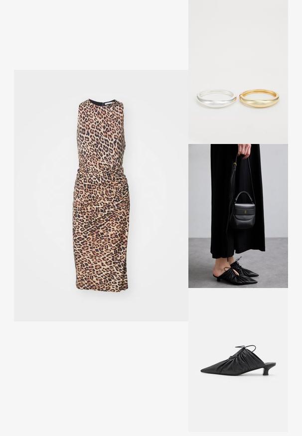 Leopardų rašto suknelė su apvaliu iškirpimu, be rankovių, su susiraukšlėjimais šoniniuose kraštuose ir prigludusia midi ilgio forma. Pagaminta iš lygaus audinio.; Juodos odinės mules su smailiu pirštu, susiraukšlinta tekstūra ir mažais kitten kulniukais. Turi raištelio detalę prie atidarymo.; Maža juoda odinė rankinė su apvalia forma, viršutine rankena ir nuimama dirželiu. Nešiojama su juoda audinio suknele ir juodais klostuotais bateliais.; Zign 2 PACK - Apyrankė - gold-coloured/silver-coloured