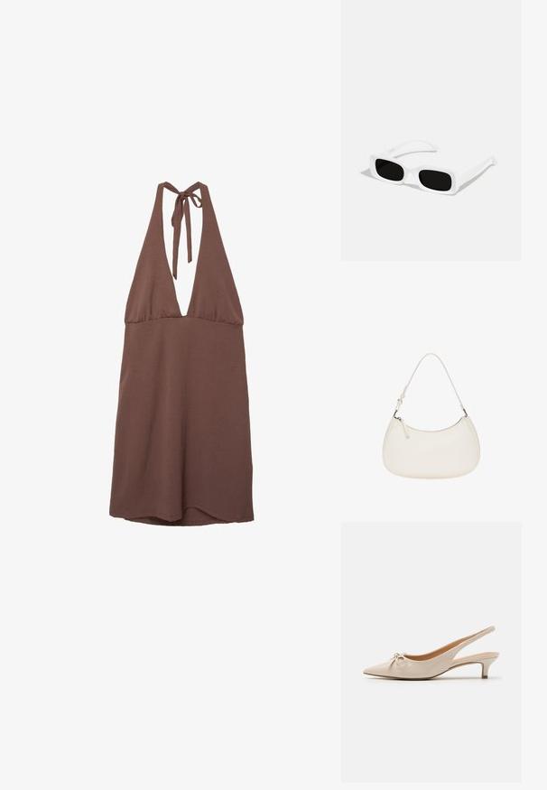 Braunes Trägerkleid im Halter-Stil mit tiefem V-Ausschnitt, aus leichtem Stoff gefertigt. Verfügt über bindbare Träger im Rücken und eine fließende Silhouette.; Beige Lackleder Slingbacks mit spitzer Zehenform und einer dekorativen Schleife auf dem Blatt. Verfügt über einen niedrigen, schlanken Absatz und eine glatte Textur.; Weiße rechteckige Sonnenbrillen mit schwarzen Gläsern, ausgestattet mit einer matten Oberfläche und glatter Textur. Die Bügel sind schlank und leicht gebogen.; Weiße Lederhandtasche mit gebogener Form, verstellbarem Trageriemen und Reißverschlussverschluss oben. Glatte Textur mit minimalen Hardware-Details.