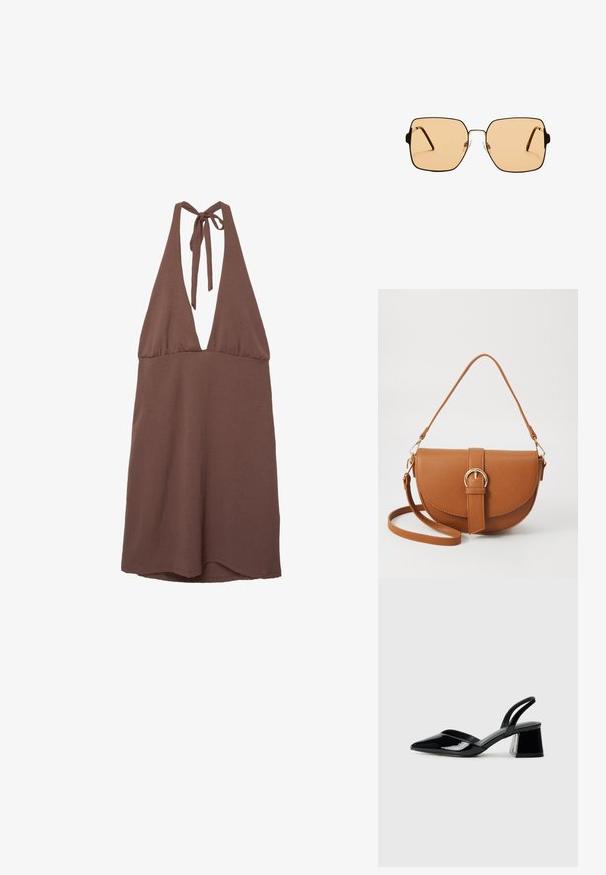 Rjava obleka s halter-style krojem in globokim V-izrezom, narejena iz lahkega materiala. Ima zavezane trakove na hrbtni strani in padajočo silhueto.; Črne lakirane slingback pete s koničastim nosom in geometrijsko blokasto peto. Imajo eleganten, minimalističen dizajn in gladko teksturo.; Kvadratne sončna očala z rjavimi lečami in tankim črnim kovinskim okvirjem. Imajo poševne ušesne dele in nastavljive nosne blazinice za udobje.; Rjava usnjena torbica prek telesa s ukrivljeno obliko, zlate opreme in sponko. Ima odstranljiv naramni trak.