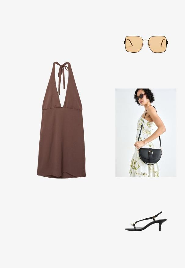 Hnedé šaty v štýle halter s hlbokým V-výstrihom, vyrobené z ľahkej tkaniny. Obsahujú šnurovacie ramienka na chrbte a splývavý strih.; Čierne kožené sandále na malom podpätku s tenkými pásikmi, zlatou prackou a minimalistickým prstovým pásikom na bielom pozadí.; Štvorcové slnečné okuliare s hnedými sklami a tenkým čiernym kovovým rámom. Vlastnosti zahŕňajú šikmé ramienka a nastaviteľné nosové podložky pre väčšie pohodlie.; Čierna kožená kabelka s zaobleným tvarom, odnímateľným popruhom a zlatými doplnkami. Kabelka má klopu s detailom s prackou.