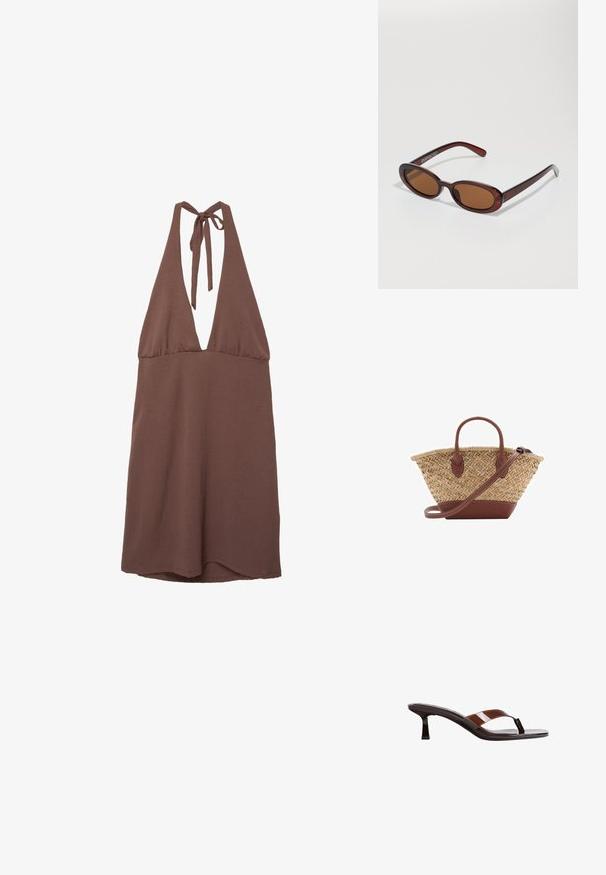 Braunes Trägerkleid im Halter-Stil mit tiefem V-Ausschnitt, aus leichtem Stoff gefertigt. Verfügt über bindbare Träger im Rücken und eine fließende Silhouette.; Stradivarius Zehentrenner - brown; Runde, braun getönte Sonnenbrillen mit einem glänzenden burgunderfarbenen Rahmen. Schlanke Bügel mit dezentem Branding. Flaches Linsendesign.; Geflochtene Strohtasche mit braunen Lederakzenten, zwei Griffen und einem abnehmbaren Gurt. Kurvenform mit einem stabilen Boden.