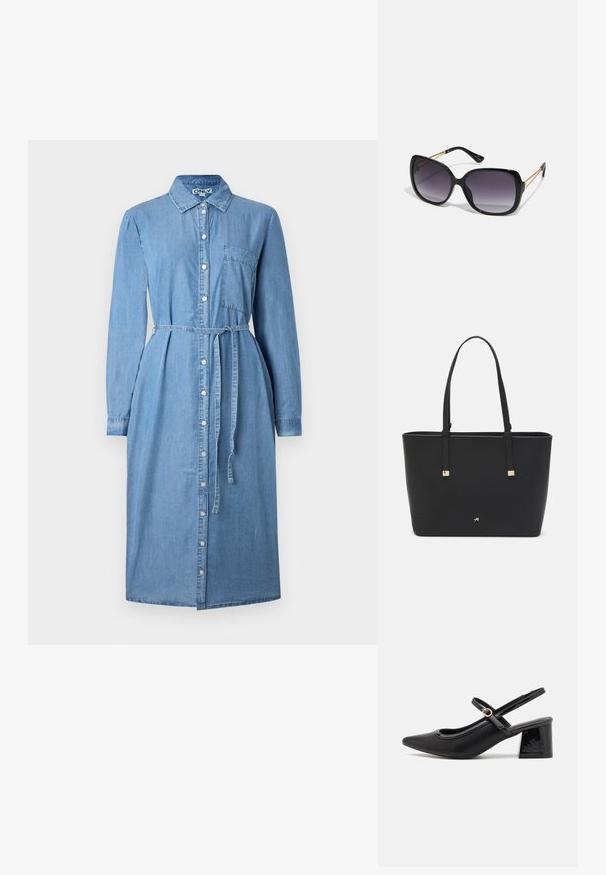 Sininen farkkumekko, jossa on pitkät hihat, nappikiinnitys edessä, kaulus ja vyötärösolki. Sisältää rinnan tasku yksityiskohdan.; Musta lakattu nahka slingback-korkokengät, joissa on terävä kärki, pyöreä aukko-muotoilu ja lohkokorko. Varustettu kultasävyisellä solkiyksityiskohdalla.; Mustat ylisuurten kehysten aurinkolasit, joissa on liukuväri-linssit, paksut kehykset ja kultasävyiset ketjustuskoristeet temppeleissä.; Mustat olkalaukku, joka on valmistettu synteettisestä materiaalista, yksinkertainen suorakulmainen muotoilu, kultaiset nelikulmaiset yksityiskohdat ja kaksoiskahvat.