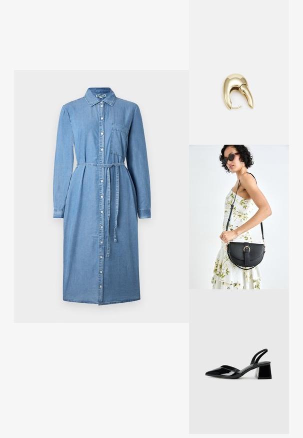 Heled sinise denimi kleit, millel on pikad varrukad, nuppudega eesmine, krae ja vöökoht. Sisaldab rinnatasku detaili.; Mustad musta lakknahk kingad, millel on terav varvas ja geomeetriline plokkkonts. Omab elegantselt minimalistlikku disaini ja sujuvat tekstuuri.; Mustmust mustraha kõverate joontega, eemaldatava rihmaga ja kuldsete detailidega. Kotil on klapp, millel on pandladetail.; Kuldtooni metallist kõrvarõngas, millel on elegantne ja kaarjas disain. Omab silmapaistvat teravat kuju, poleeritud pinda ja hingesulgemist.