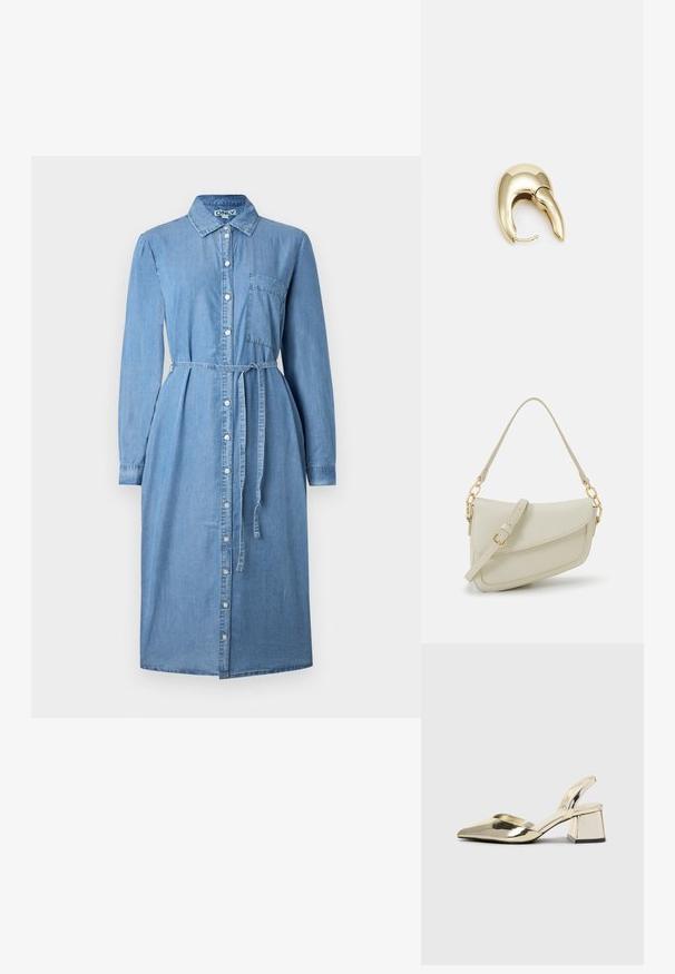 Denim skjortekjole i lys blå, med lange ermer, knappet front, krage og belte i livet. Inkluderer en brystlommeporan.; Gull, metallisk slingback-hæler med spiss tå og chunky hæl. Glatt tekstur, minimalistisk design og en smal stropp.; Liten kremfarget håndveske med teksturert overflate, lang justerbar stropp, kjedeakenter og klaffelukking. Detaljer i gullfarge.; Gullfarget metalløredobber med et elegant, buet design. Har en karakteristisk spiss form, polert overflate og hengsel-lukking.