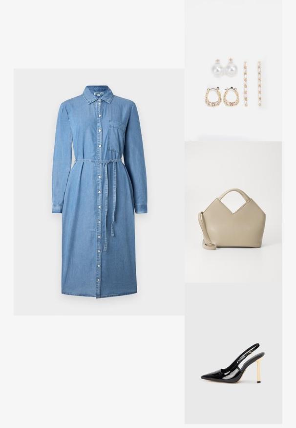 Denim skjortekjole i lys blå, med lange ermer, knappet front, krage og belte i livet. Inkluderer en brystlommeporan.; Sorte patentlær slingback høyhælte sko med spiss tå og gullfarget firkantet hælaccent. Har justerbar ankelrem.; Beige strukturert håndveske med V-formet topp, glatt skinnmateriale, korte håndtak og en lang justerbar stropp. Minimalistisk design.; Tre par øreringer: store hvite perle-stud, gullringer med klare edelstener, og to lange, rette gull-accent øreringer med glitrende detaljer.