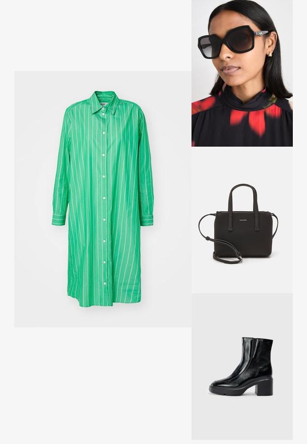 Mads Nørgaard YARPO CRISSY DRESS - Blusenkleid - bright green; Schwarze Lackleder-Stiefeletten mit einer geschwungenen Zehenpartie, elastischen Seiteneinsätzen und einem klobigen Blockabsatz. Mit geprägtem Logo auf der Rückseite.; Schwarze übergroße Sonnenbrille mit geometrischem Rahmen, dunkel getönten Gläsern und goldfarbenen Akzenten, getragen mit einem hochgeschlossenen Oberteil im floralen Muster.; Schwarze Handtasche mit zwei kurzen, doppelt geflochtenen Griffen und einem abnehmbaren Schulterriemen. Glattes, lederähnliches Material mit einem Reißverschluss und Logodetail.